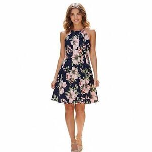 Vince Camuto Navy Blue Foral Print Fit and Flare Halter Top Dress Women's Size 8